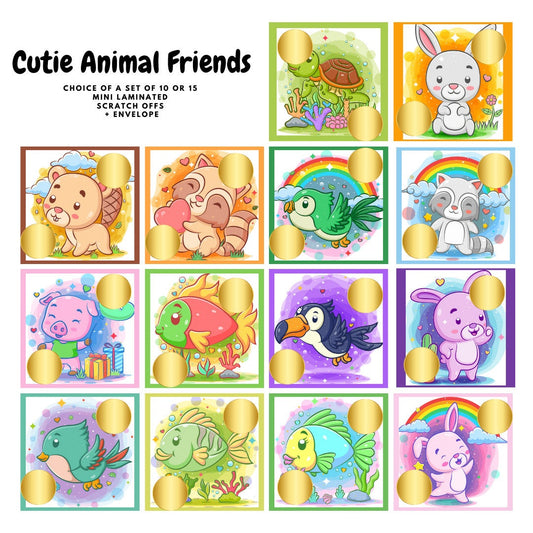 Cutie Animal Friends - Set of 15 Laminated Scratch Off Cards + envelope